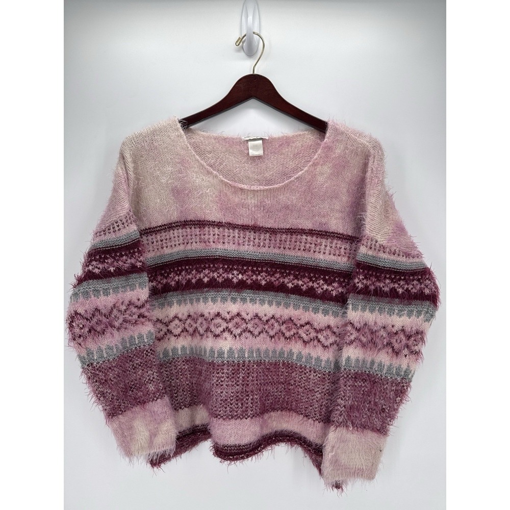 Cotton Emporium Fuzzy Sweater Women L Pink Fair Isle Cropped Soft Cozy
